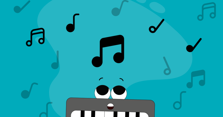 Octavio, el piano mascota de RetoMusic con notas musicales
