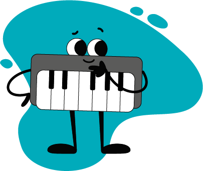 Octavio, el piano mascota de RetoMusic sobre fondo turquesa