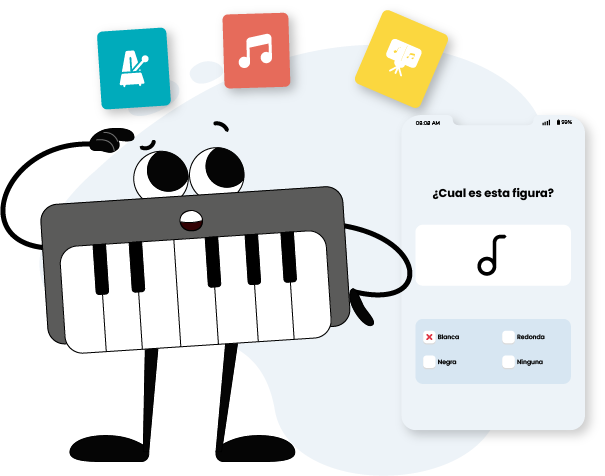 Octavio, el piano mascota de RetoMusic mostrando una pregunta de la app